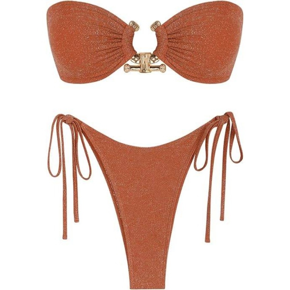Zaful Women Orange Glitter Bandeau Bikini Set Metallic Side‎ Tie Swimsuit Size M